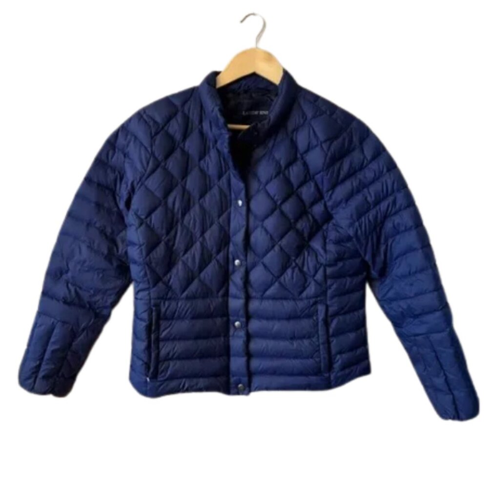 Lands’ End Down Jacket Women’s Small Petite Blue Quilted Snap Front